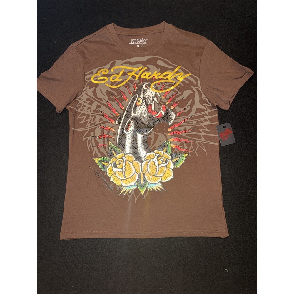 Ed Hardy Brown Rhinestone Panther And Roses Women's Size Medium NWT